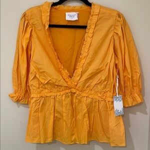 Vibrant Orange Wrap Peplum Blouse with Puff Sleeves